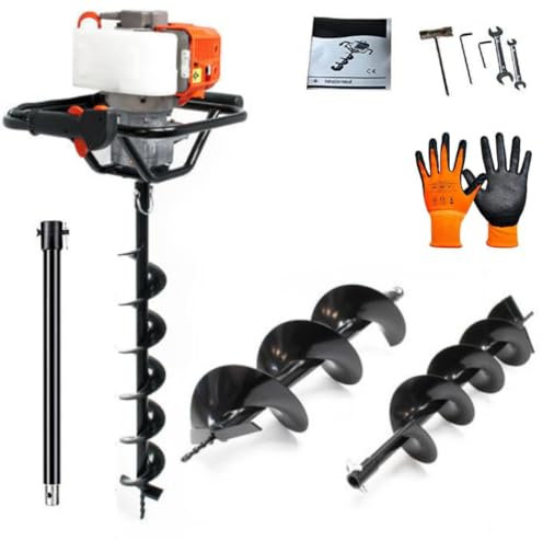 Trivella a Scoppio Motore 52cc, Mototrivella Trivellatrice da Giardino e Campi, Trivella Professionale con 3 Punte Intercambiabili da 100-150-200mm.