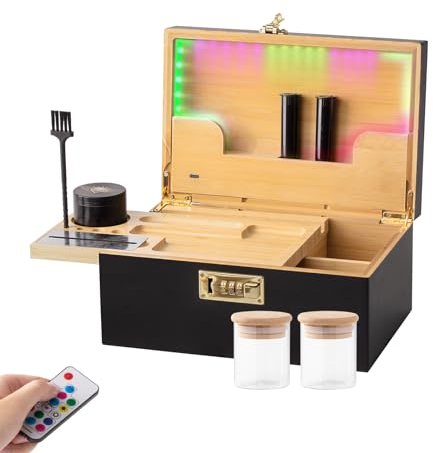 IEVEY Scatola portaoggetti con vassoio per rollare e neon, grande scatola portaoggetti in bambù a prova di odore con serratura, set decorativo include barattoli di vetro, macinino e pennello, ottimo