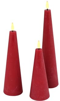 X-MAS LED Rustic Kegelkerze Echtwachs 3er Set rot 25/20/15 cm mit Timer