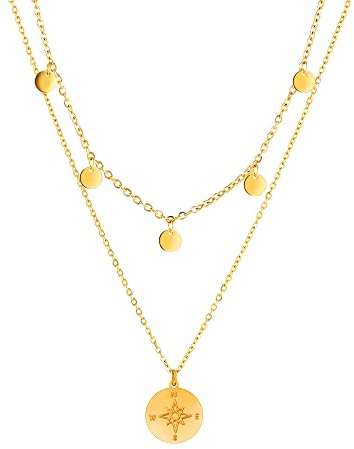 Kim Johanson® Edelstahl Damen Multi Layer Halsketten *Coin & Compass* in Silber, Gold & Roségold | Mit 5 Plättchen | Boho Schmuck für Frauen | Kreise Kette | Wasserfest | Verstellbar | Schmuckbeutel