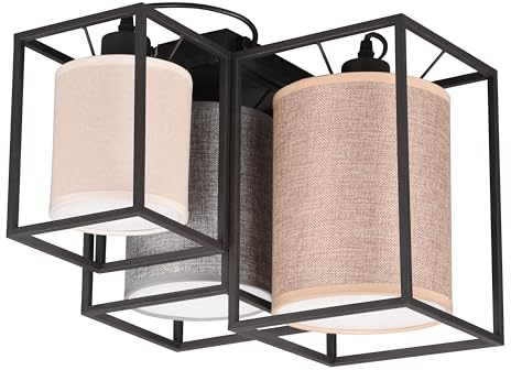 Trio Leuchten Deckenleuchte Ross 603130317, Metall Schwarz matt, Schirm Stoff Beige/Grau/Braun, exkl. 3x E27