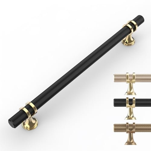 9BUILD 10 Pack Gold Black Cabinet Pulls - 160MM Hole Center Kitchen Cupboard Handles - Knurled Cabinet Handles - UK0049