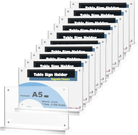 TUKA-i-AKUT 10x A5 Quer Tischaufsteller Acryl Transparent mit Magnetverschluß, Doppelseitig Display Prospekthalter Flyer Aufsteller Tisch Werbeaufsteller, Glasklar T-Ständer TKD8241-A5-W-10x