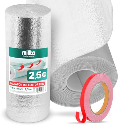 Heizkörper Reflexionsfolie 2,5m x 0,5m x 3mm | Alufolie Isoliermatte Dämmung Isolierfolie Thermomatte Thermofolie Heizung Isolierung Wand Dämmfolie Wandisolierung Doppelklebeband