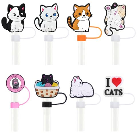 Silicone Cat Straw Toppers Cap for Stanly Cover Cap for Tumblers 30oz 40oz, 0.4 Inch/10mm 8PCS Cute Butterfly Flower Cup Accessories Reusable Drinking Straw Covers Kit Tips Lids (Cute Cats)