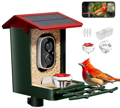 Smart Bird Feeder with Camera Solar Powered– AI-Powered 1080P HD Video, 10,000+ Species Recognition, Real-Time App Alerts, and Weatherproof Design for Effortless Birdwatching, Gift for Bird Lovers