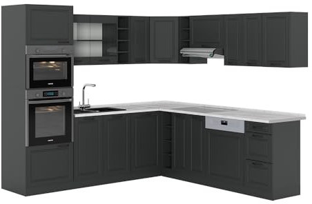 Vicco Eckküche R-Line, Anthrazit Landhaus/Anthrazit, 237 x 247 cm, AP Marmor