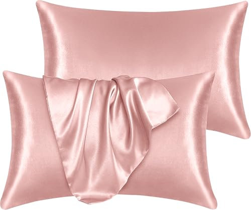 Yorkshire Bedding Satin Pillow Cases 2 Pack – Luxurious Pink Silky Pillowcases for Hair and Skin Standard Size with Envelope Closure Hypoallergenic (50 x 75 cm)