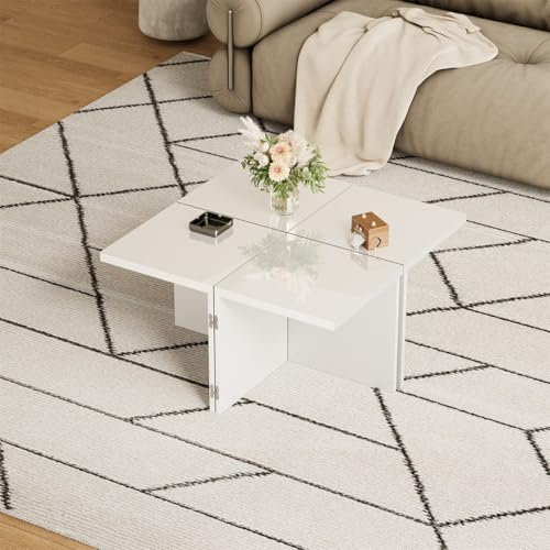 PUGSDRLY Table Basse Blanc,Combinaison Libre,Plateau Brillant,Table Basse Salon,Design Disponible en Plusieurs Formes