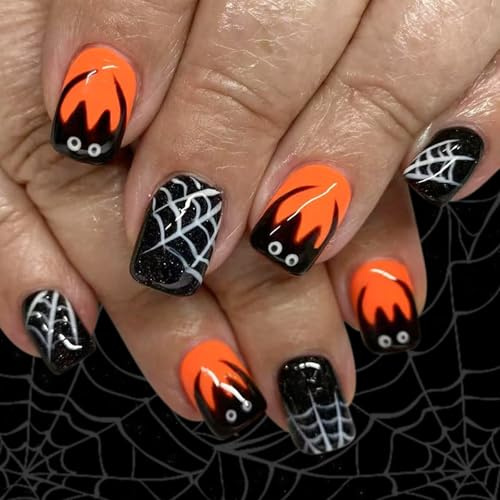 Chiodi artificiali scintillanti quadrati corti Halloween Ragnatela nera modello 24