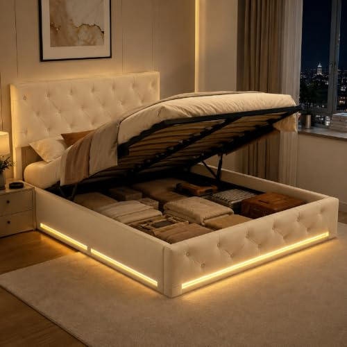 TITA-DONG Polsterbett 160x200cm mit Stauraum und bettkasten, LED Doppelbett mit Großer Stauraum und höhenverstellbar Kopfteil, Jugendbett Stauraumbett, Ohne Matratze, Beige