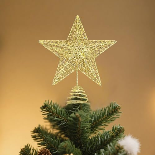 Weihnachtsbaumspitze Stern Gold, 20 cm Glitzer Baumspitze Weihnachten Christbaumspitze Deko Weihnachtsdeko, Stern für Weihnachtsbaum Tannenbaum Spitze, Metall Spitzen Star Topper Dekoration