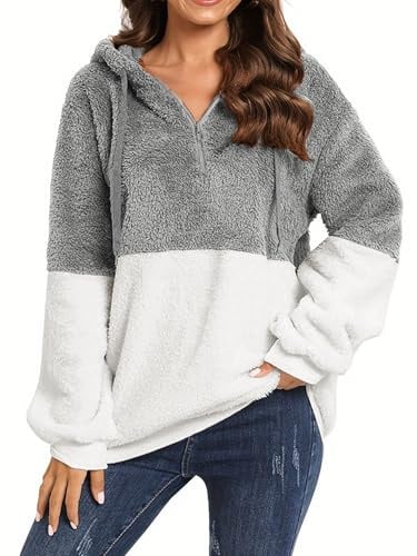 Vossmi Felpe con Cappuccio da Donna Maglione Oversize Felpa in Pile Maniche Lunghe Sweatshirt Peluche Calda Casual Pullover Elegante Coulisse Invernale
