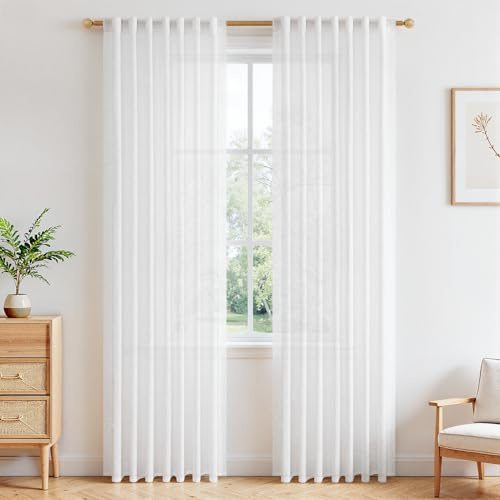MRTREES Vorhang Leinenoptik Weiß Halbtransparent, Leinenvorhänge Voile Gardinen Weiss mit Verdeckten Schlaufen für Wohnzimmer Schlafzimmer Kinderzimmer 2er Set H 220 x B 140 cm