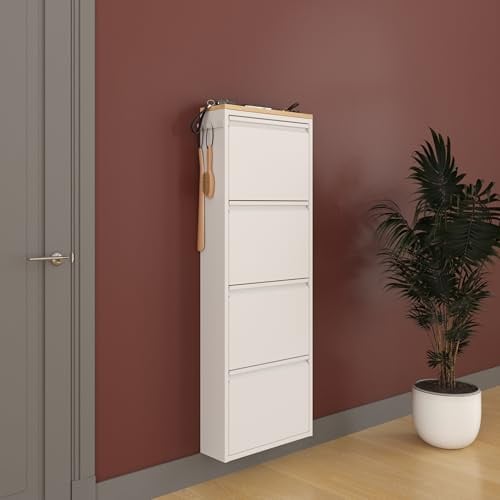 furni24 Schuhschrank Schmal – Platzsparender Metall-Schuhschrank mit Magnetklappen, Platz für 8-12 Paar Schuhe, Wandmontierbar und Vormontiert - 4 Klappen, Weiß-Saphir Eiche Dekor