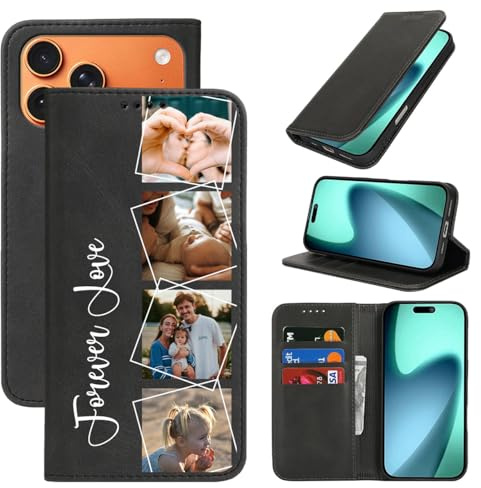 uudiy Custom Photo Wallet Case for iPhone 17 16 15 14 13 12 11 Pro Max Plus Air Mini XR XS SE, Personalized Picture Text Name,Shockproof Leather Flip with Card Holder, Kickstand & Magnetic Closure