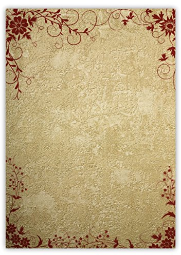 LYSCO Motiv Briefpapier (rote Blumen-5021, DIN A4, 25 Blatt). Einseitig bedrucktes Briefpapier, sehr gut beschreibbar, Motivpapier für alle Drucker/Kopierer geeignet rote rankende Blumen Ornamente auf Wand Putz