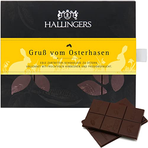 Hallingers Gruß vom Osterhasen - Ostergeschenke für Osterkörbchen zu Ostern, Vegane Schokolade Zartbitter Himbeere & Maracuja (Box) - Geschenk im Sommer & als perfektes Grillgeschenk | Glückwunsch Dan