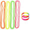 PACK OF 4 NEON MULTI COLOURED NECKLACE BEADS + FREE PAIR OF RAINBOW WRISTBANDS - 80S FANCY DRESS ACCESSORY HEN PARTY NIGHT RAVE UV