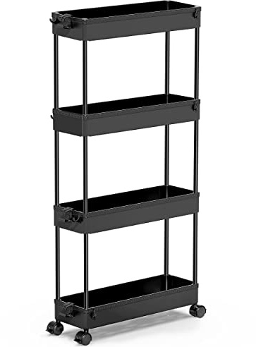 SPACEKEEPER Slim Rolling Storage Cart 4 Tier Bathroom Organizer Cart Mobile Shelving Unit Slide Out Utility Cart for Kitchen, Bthroom, Makeup, Craft, Laundry Narrow Places, Black