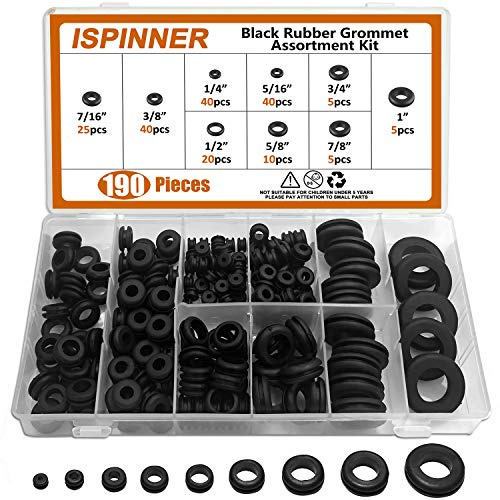 ISPINNER 190pcs Rubber Grommet Assortment Kit, 9 Sizes Eyelet Ring Gasket 1/4 5/16 3/8 7/16 1/2 5/8 3/4 7/8 1 (Black)