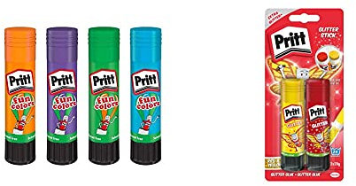 Pritt Colle Stick Fun Colors, Colla Colorata Per Bambini, Per Lavoretti E Fai Da Te, 4 Colori In Stick Da 10G & Stick Esclusiva Colla Glitter Per Bambini, Per Lavoretti E Fai Da Te, 2 Stick Da 20g
