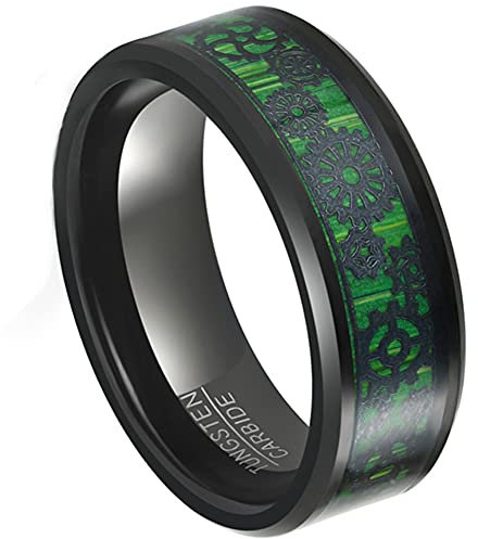 Corato 8mm Grün Kohlefaser Ring Wolframcarbid Steampunk Zahnrad Schwarz Ring Hochzeit Verlobungring für Herren Damen Größe 62(19.7)