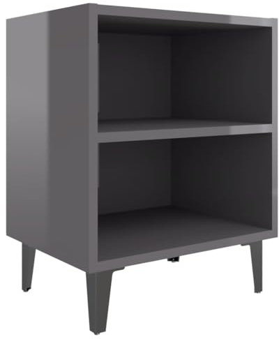 vidaXL Nachttisch mit Metallbeinen 2 Fächern Industriestil Nachtschrank Nachtkonsole Nachtkommode Schlafzimmer Schrank Kommode Hochglanz-Grau 40x30x50cm