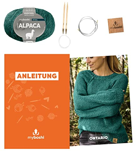 myboshi Strickset Raglanpullover Ontario, Strickset für Anfänger, inkl. Alpaca Wolle, Nadel und Anleitung, Label, Strickpaket, 10% Alpaka, 25% Schurwolle Blau, mit Rundstricknadel