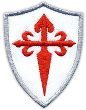 Bestickter Aufnäher mit rotem Kreuz von Saint James auf dem weißen Schild, Größe 5,0 x 6,7 cm, zum Aufbügeln / Aufnähen, Camino de Santiago, Ritter