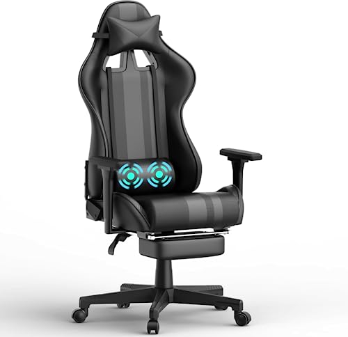 Soontrans Silla Gaming con Masajeador Ergonómico con Reposapies & Soporte de Cabeza & Vibración Masaje Soporte Lumbar, Cuero Tapizado, Silla Gamer para Youtube Playstation Xbox Livestreaming (Nero)