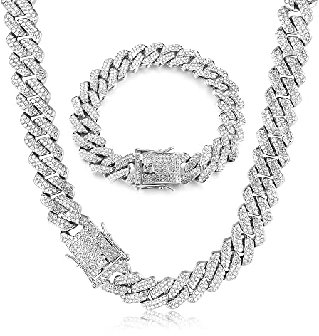 Roheafer kubanische Gliederkette Cuban Link Chain Iced Out für Herren 14MM Miami Halskette Armband 18K Gold Plattiert Bling Diamant Kette Armband Hip Hop Schmuck für Jungen Damen