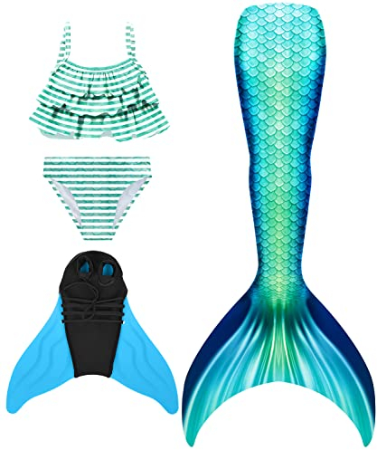 DNFUN meerjungfrauenflosse mädchen Badeanzug - Meerjungfrauenschwanz Schwimmen für Kinder Meerjungfrau Flosse Bademode mit Bikini Set und Monoflosse Mermaid Tail