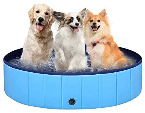 AKOFIC Foldable Dog Pool, Plastic Collapsible Dog Pool Pet Bathing Tub Paddling Pool, Leakproof PVC Non-Slip Pet Swimming Pool for Dogs Cats Pet Outdoor Indoor Garden Patio Bathroom, 80 * 20cm (Blue)
