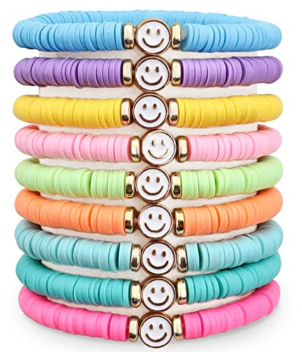 JIASHUYEYE Smile face Preppy Bracelets for Teen Girls - Stackable Boho Surfer Friendship Bracelets Set for Little Girls & Women