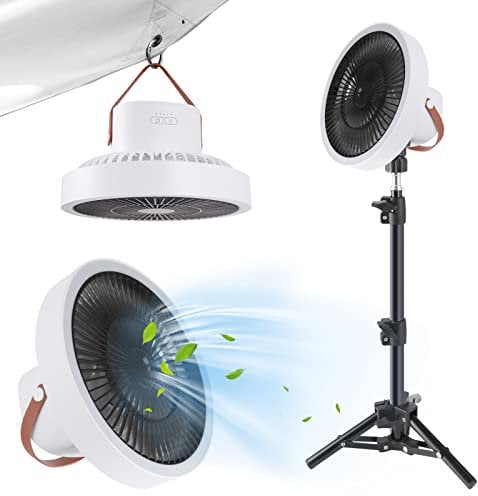 Genround Portable Camping Fan, 10000mAh Tripod Fan, Multifunctional Portable Camping Fan Rechargeable Ceiling Fan, Desktop Fan USB with LED Light, Camping Table Fan Light Support Charge