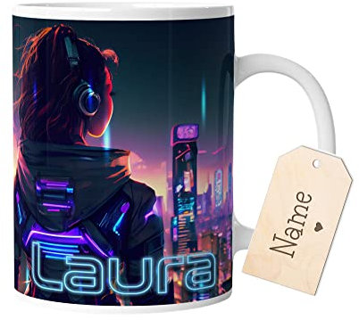 timalo® Coole Gaming Tasse personalisiert mit Namen | Kaffeetasse Geschenk für Gamer Becher | Frau Neon cyberpunk | mug-gamer-67