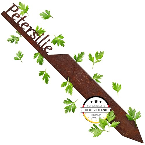 EXTRAVAGANT® Gartenstecker „Petersilie“ Kräuterstecker Kräuterschilder Pflanzenschilder Pflanzenstecker Metall Stahl Rost Edelrost wetterfest für Garten Beet Gartenschilder Gartendeko Roststecker
