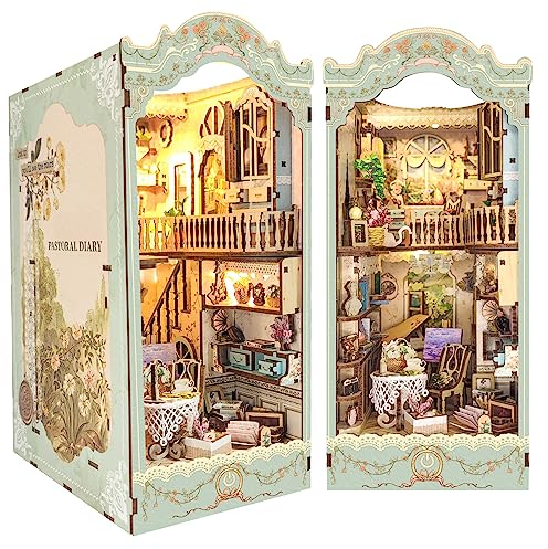 Spilay DIY Dollhouse Miniature Book Nook Assemble Kit,Wooden Bookshelf Insert Decor with Light, Bookends Model Build-Creativity Kit for Adults Women Birthday Gift SQ09