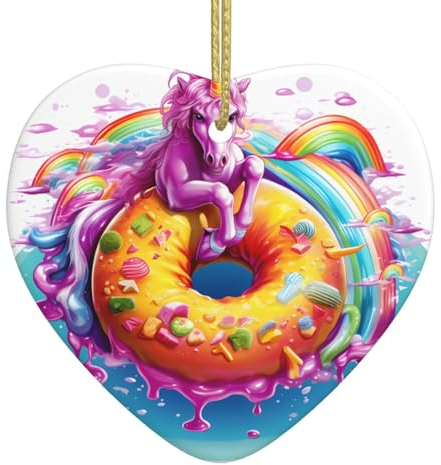 YYHHAOFA Einhorn-Donut-Regenbogen-Weihnachtsanhänger aus Keramik – festliches hängendes Ornament für Häuser, 7,6 x 6,9 cm