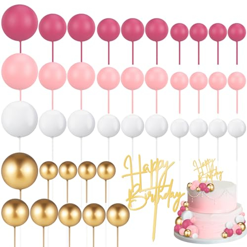 Vyuwast 41Pcs Mini Cake Balls Cake Topper Decoration Mini Balloons Cupcake Toppers Foam Balls Pearl Balloon with Happy Birthday Decorating Kits for Birthday Baby Shower Wedding Party(Pink Gold)
