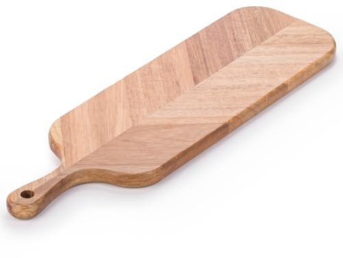 woodluv Herringbone Acacia Wood Serving Board Platter with Handle, Chopping Cutting Board, Cheese, Antipasti Charcuterie Boards 41 x 12 x 1.5 cm