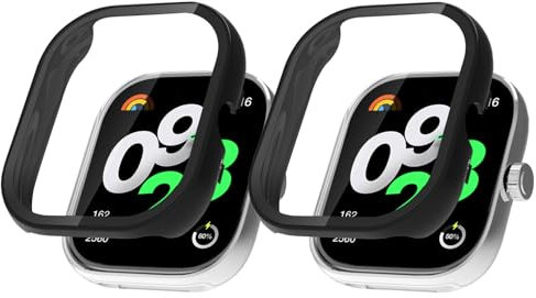 HeeYeal Case for Xiaomi Redmi Watch 4 [2 Pack], 9H PC Hardness, Glass Protective Film + Hard Plastic Bezel, Anti-Scratch Shockproof Screen Protector Protective Cover for Redmi Watch 4 -Black + Black