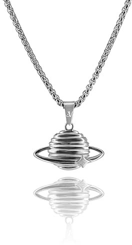 JVillion Planeten-Anhänger Saturn Halskette Silber Herren, Box Kette, Streetwear Modeschmuck, Universum, Galaxie, Edelstahl, 50-60cm, Wasserfest & Nicht-Abfärbend (60)
