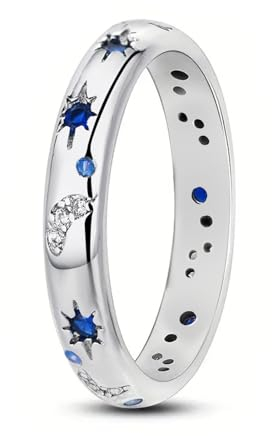 GoPaw Silber Frauen Ringe Mond Stern, S925 Mond Stern Ringe Damen Silber Ring, Cubic Zirkonia BFF Ring Monds und Sterns Statement Rings für Frauen Größe 49-59mm (Silber-Ring, 7)