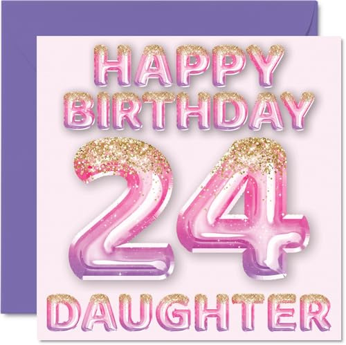24th Birthday Card for Daughter, Pink & Purple Glitter Balloons | Happy Birthday Cards for 24 Year Old Daughter from Mum or Dad Parents, 145mm Bday Greeting Cards Gift