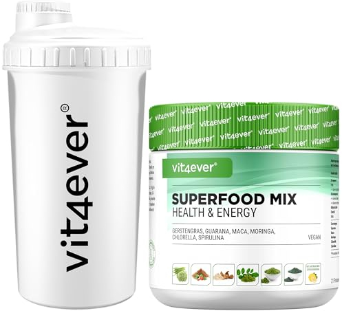 Kombination aus Superfoods - 420 g Pulver + Premium Shaker - Mit Gerstengras, Guarana, Maca, Chlorella, Spirulina, Moringa - 100% natürlicher Power Smoothie - Mit Zitronen Aroma - Vegan