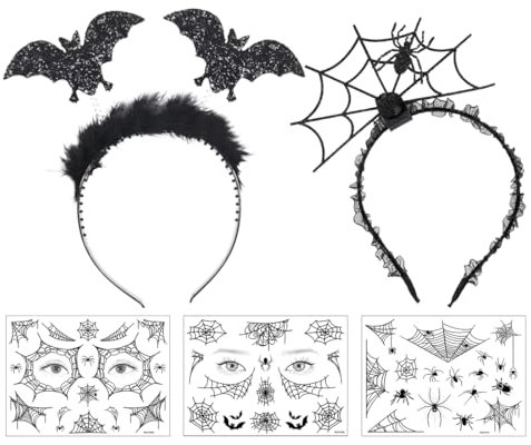 Cerchietto Halloween da Pipistrello e Ragnatela, Tatuaggi Temporanei, Fascia e Accessori per Carnevale, Maschera, Cosplay e Feste