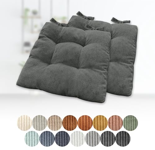 Lsjoaw 2er Set Sitzkissen 30x30x6cm Polster Auflage Gemütliche Stuhlkissen mit Bindebänder Sitzpolster Stuhlauflage Sitzpolster für Gartenstuhl Küche oder Esszimmer Quadrat Cordstoff Dunkelgrau