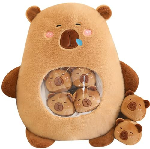 Aiuidun Capybara Plüsch mit 6 Niedlichen Babies, Stofftiere, Tasche mit Tier Snack Kissen, Super Soft Puppe Kissen für Baby Jungen Mädchen Spielzeug (Braun)